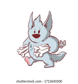 Colorful vector illustration of a tiny werewolf carrying bones around