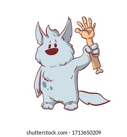 Colorful vector illustration of a tiny werewolf waving with a human hand