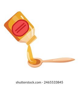 Colorful vector illustration of a tipped cough syrup bottle with medicine spilling out