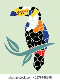 Colorful vector illustration of toucan in stylized with geometric shapes.