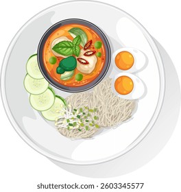 Colorful vector illustration of a traditional Asian noodle dish with vibrant ingredients and detailed composition on a white plate