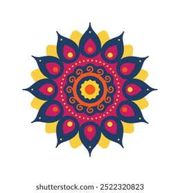 A colorful vector illustration of a traditional Rangoli pattern, featuring intricate geometric shapes and floral designs.