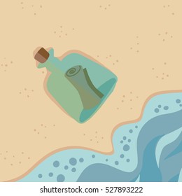 Colorful vector illustration of a transparent glass corked bottle with old rolled paper or parchment message inside, laying in sandy beach with teal foamy sea waves. Simple cartoon style.