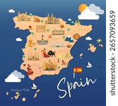 Colorful vector illustration of a travel map featuring cultural elements, iconic architecture, and local lifestyle of Spain.

