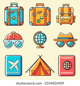 Colorful vector illustration of travel-themed icons including luggage, passports, globe, sunglasses, tent, and travel gear on beige background.
