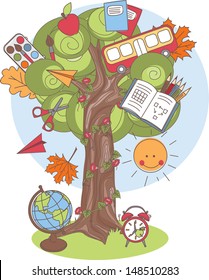 Colorful vector Illustration of a tree with school supplies 