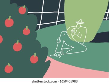 Colorful vector illustration with trees, apples. Man sitting on green grass with apple. Beautiful drawing depicting nature.