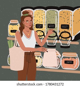 Colorida ilustración vectorial de una jovencita vestida de moda y linda con bolso ecológico que compra comida en la tienda o mercado. Resumen texturado de fondo. El concepto de basura cero.