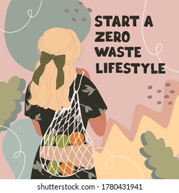 Colorful vector illustration of trendy dressed cute young woman with eco bag buying food in the store or market. Abstract background. Zero waste concept. Start a zero waste lifestyle