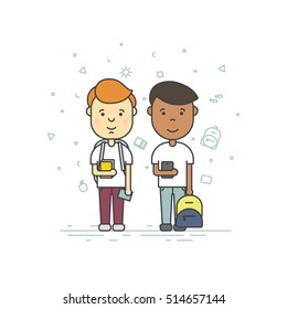 Colorful vector illustration in trendy flat linear style. Cute pupils students with backpack phone smile