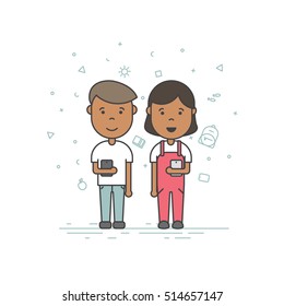 Colorful vector illustration in trendy flat linear style. Cute pupils students with backpack phone smile