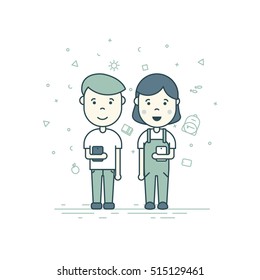 Colorful vector illustration in trendy flat linear style. Cute pupils students with backpack phone smile