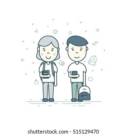 Colorful vector illustration in trendy flat linear style. Cute pupils students with backpack phone smile