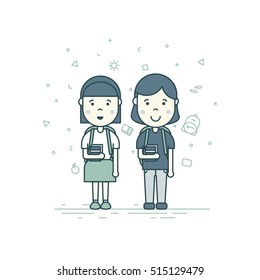 Colorful vector illustration in trendy flat linear style. Cute pupils students with backpack phone smile