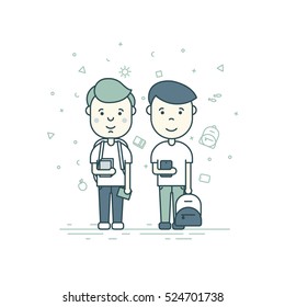 Colorful vector illustration in trendy flat linear style. Cute pupils students with backpack phone smile