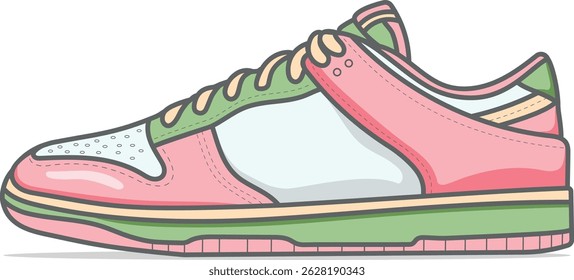 Ilustração vetorial colorida de um tênis na moda em tons amarelos, rosados e verdes, mostrada a partir de um perfil lateral. Ideal para uso em projetos de design de moda, marca de rua.