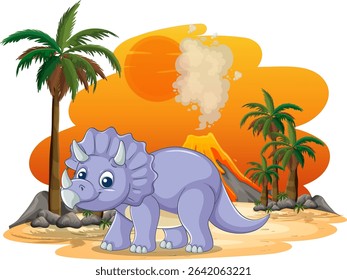 Colorful vector illustration of a triceratops with palm trees and volcano, featuring vibrant colors and playful style