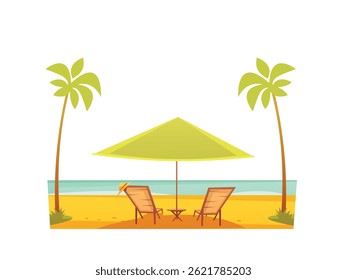 Colorful vector illustration of a tropical beach landscape with chair, umbrella, and seashore scene for summer holiday and travel themes