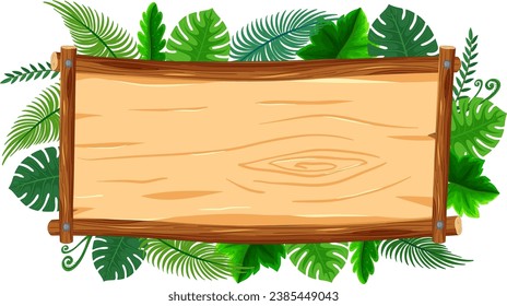 Colorful vector illustration of tropical plants on a wooden banner frame