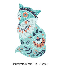 Colorful  vector illustration with turquoise fox and flowers in a folk Scandinavian style drawing. Template for design notebook, cards, T-shirt, posters.