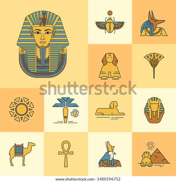 エジプトの景色やシンボルのアイコンを背景にした ツタンカーメンの仮面のカラフルなベクターイラスト イラストの周りにフラットスタイルで描かれたアイコンのセット のベクター画像素材 ロイヤリティフリー