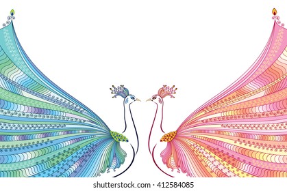 Colorful vector illustration of two abstract, stylized peacocks, opposite each other, with luxurious tails. Design for invitation and greeting card. White background.