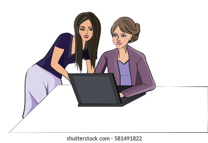 Colorful vector illustration of two beautiful young business women working together on the laptop in office