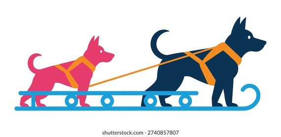 Colorful vector illustration of two dogs, a pink one and a dark blue one, wearing harnesses and pulling a blue sled, symbolizing teamwork and winter sports.
