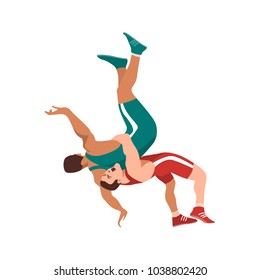 Colorful Vector Illustration. Two Fighters On A Arena. This Could Stand For Greco-roman, Freestyle, Collegiate, Scholastic, Amateur Wrestling Or MMA.