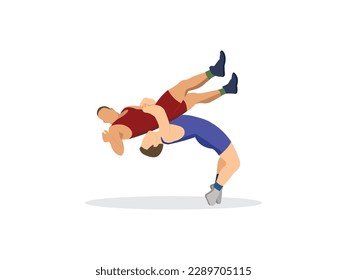 Ilustración vectorial colorida. Dos combatientes en una arena. Esto podría significar greco-romano, estilo libre, colegiado, académico, lucha de aficionados o MMA.