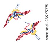 A colorful vector illustration of two flying cranes in a traditional folk art style using red, blue, and yellow.