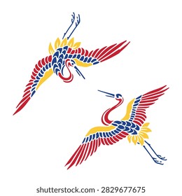 A colorful vector illustration of two flying cranes in a traditional folk art style using red, blue, and yellow.