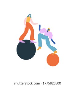 Colorful vector illustration with two girls and geometric shapes. Ladies holding out hands to each other. Support, help, friendship.