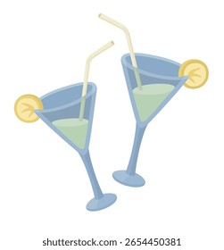 Colorful vector illustration of two martini glasses with green cocktails, lemon slices, and straws on a white background