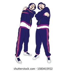 colorida ilustración vectorial de dos antiguos bailarines de hip hop posando en b-boystand con los brazos doblados. morado, azul, coloreado, cómico, fresco, deportivo, traje.