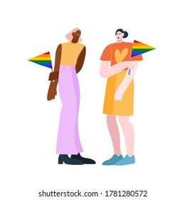 Colorful vector illustration with two people. Two girls of different ethnicity with rainbow flags in support of LGBT community. Diversity, activism.