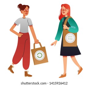 Colorful vector illustration with two smiling girls hold eco bags