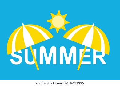 Ilustración vectorial colorida con dos paraguas amarillos, la palabra "VERANO" y un sol brillante. Perfecto para diseños de temporada.