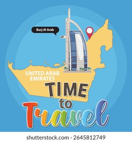 Colorful vector illustration of UAE map highlighting Burj Al Arab. Bold typography and vibrant colors enhance travel theme