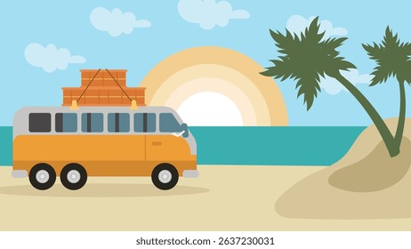A colorful vector illustration of a van with luggage on top driving along a beach with palm trees and a sunset in the background.