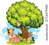 Colorful vector illustration of various animals beneath a leafy tree, bright daylight, playful style
