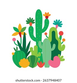 Colorful vector illustration of various cactus plants and desert flowers