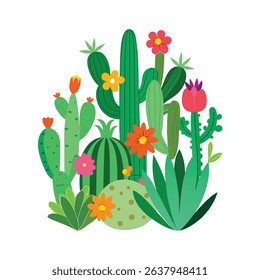 Colorful vector illustration of various cactus and desert flowers