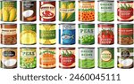 Colorful vector illustration of various canned goods