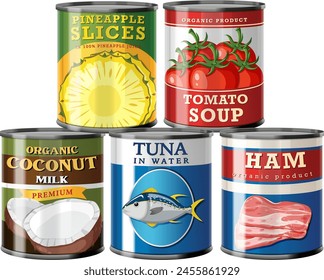 Colorful vector illustration of various canned goods