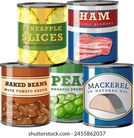 Colorful vector illustration of various canned goods