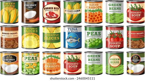 Colorful vector illustration of various canned goods