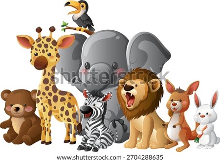 Colorful vector illustration of various cute animals in playful, friendly cartoon style on white background