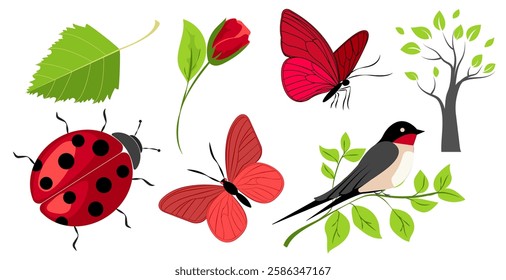 Colorful vector illustration of various plants and insects in a natural setting