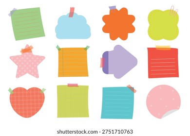Colorful vector illustration of various shaped sticky notes, including stars, hearts, and clouds, each with unique colors and tape designs.